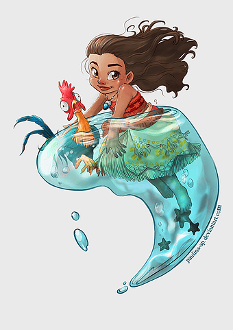 Moana chibi art, Hei Hei rooster drawing, Disney Princess fan art, mythical creature cartoon, underwater fantasy illustration, mermaid adventure scene, animated character design