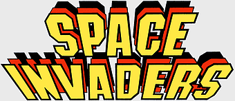 Space Invaders logo, retro gaming classics, Taito arcade games, yellow text design, vintage video game graphics, pixel art aesthetics, classic invader characters