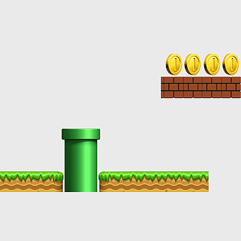 Super Mario game items, Super Mario coins, Super Mario pipe, Super Mario bricks, pixel art game elements, retro video game assets, classic game graphics