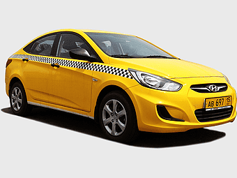 Hyundai Solaris taxi, yellow city taxi, compact car rental, taxi driver service, urban transportation vehicle, affordable taxi service, Hyundai Motor Company fleet