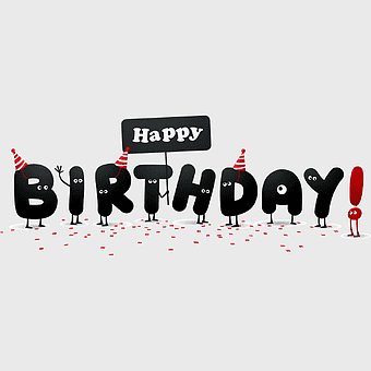 Happy Birthday cartoon characters, English font birthday text, cartoon eyes birthday design, red confetti birthday decoration, festive birthday illustration, playful birthday characters, animated birthday celebration