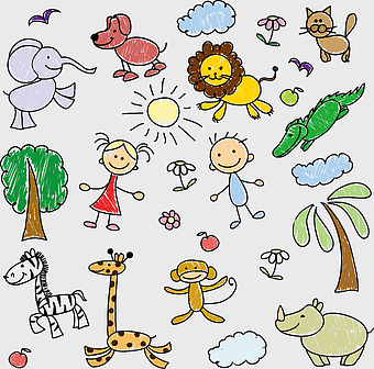 Children's Zoo poster, cartoon animal figures, happy birthday party poster, child art drawing, playful zoo illustration, whimsical animal sketch, vibrant children's artwork