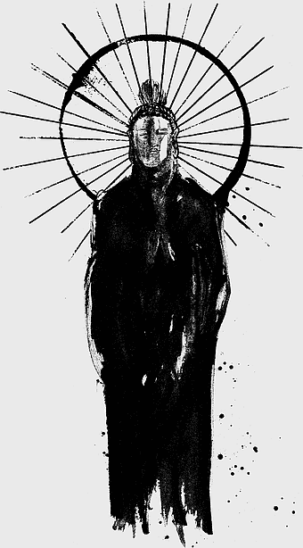 Dunhuang warrior silhouette, black and white ink wash painting, ancient warrior illustration, monochrome visual arts, spiritual figure drawing, traditional art depiction, cultural heritage