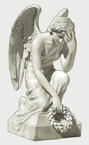 Bronze angel statue, stone carving art, mythical creature sculpture, kneeling angel monument, celestial figure, divine artistry, eternal memory tribute