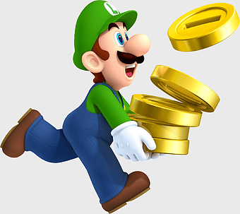 New Super Mario Bros. 2 Luigi, Luigi holding coins, Nintendo 3DS game, Super Mario Bros. 2 gameplay, Mario series characters, Luigi action pose, video game collectibles