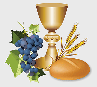 chalice and grapes illustration, Eucharist First Communion, Christian symbolism bread, wheat and chalice, religious still life, communion elements, sacred bread and wine, spiritual harvest symbols