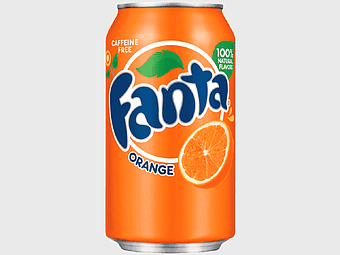 Fanta Orange soft drink, carbonated orange beverage, orange soda can, 100% natural flavors, citrus refreshment, orange flavored soda, aluminum can drink