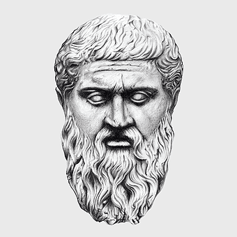 Platonic realism philosophy, Allegory of the Cave illustration, ancient Greek philosopher portrait, black and white drawing, classical sculpture face, metaphysical concept art, philosophical wisdom
