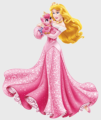 Princess Aurora pink gown, Disney Princess Aurora holding bird, Sleeping Beauty cartoon illustration, Disney fairy tale princess, enchanted fairy tale characters, magical princess accessories, whimsical princess
