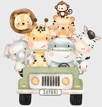 zoo animals in car, cartoon safari animals, cute animal car ride, zoo vehicle illustration, animal jeep adventure, png
