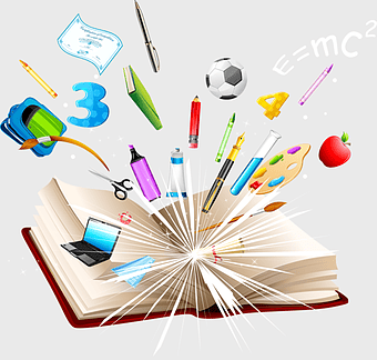 school supplies, open book with art materials, education science tools, back to school essentials, creative learning resources, academic stationery set, educational graphic elements