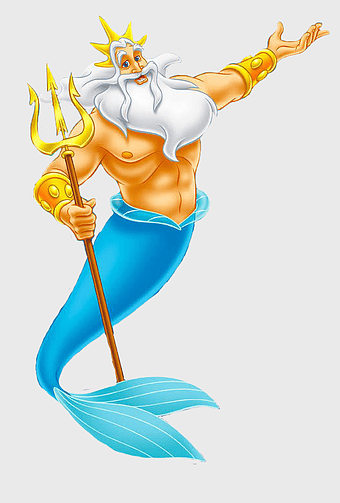 King Triton illustration, merman with trident, cartoon mythical creature, Ariel's father, underwater fantasy art, sea king depiction, Disney mermaid character
