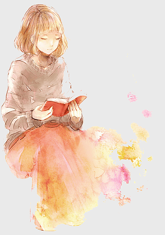 watercolor girl reading book, anime fashion illustration, hand-painted watercolor art, pink watercolor flowers, whimsical watercolor portraits, serene reading moments, delicate watercolor sketches