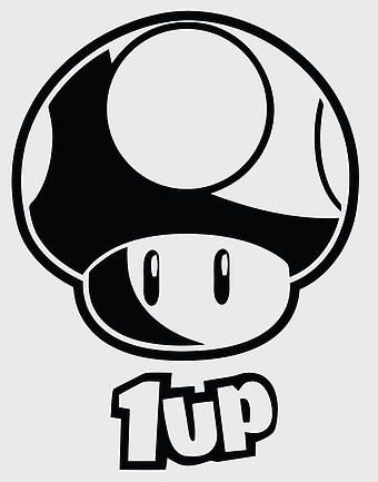 Super Mario Bros. 3 Toad, Mario Mushroom 1up, Nintendo gaming artwork, black and white line art, video game character design, monochrome game icon, classic gaming symbols