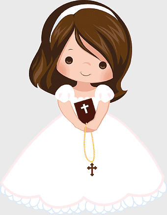 girl with rosary, First Communion illustration, child's Eucharist, brown hair girl, religious cartoon character, communion celebration, holy sacrament art