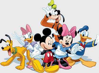 Mickey Mouse and friends illustration, Disney cartoon characters, Mickey Mouse Clubhouse characters, Walt Disney Company mascots, classic Disney animation, playful Disney characters, Disney character group