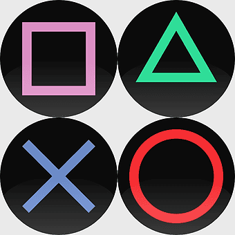PlayStation controller buttons, PlayStation 4 symbols, video game icons, playstation network logo, gaming interface elements, interactive design symbols, console button layout