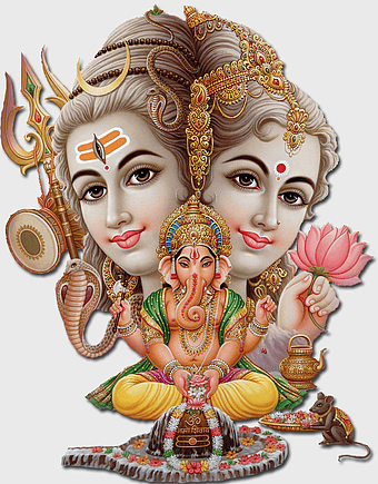 Shiva Parvati Ganesha illustration, Hindu deity art, Lord Shiva and Parvati statue, Navaratri festival, divine family worship, spiritual enlightenment, cultural iconography
