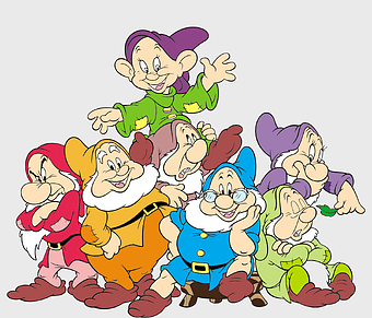 Snow White Seven Dwarfs illustration, Disney Princess cartoon characters, Bashful and Dopey dwarfs, Grumpy dwarf character, classic fairy tale artwork, whimsical fantasy illustration, enchanted forest creatures