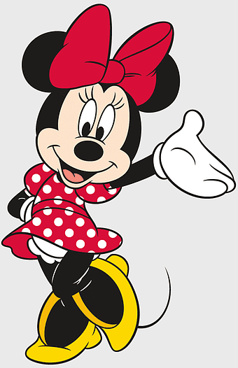 Minnie Mouse cartoon drawing, Walt Disney Company character, Minnie Mouse red bow, Minnie Mouse polka dot dress, Disney classic animation, iconic cartoon mascot, playful mouse illustration