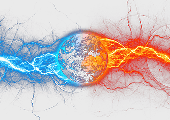 blue and orange earth illustration, lightning luminous efficiency, fire flame adobe illustrator, light effect design, energy balance concept, nature's power depiction, cosmic energy visualization