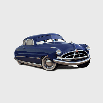 Doc Hudson Cars, Pixar cartoon car, vintage racing vehicle, cute classic car character, animated automotive design, blue Hudson Hornet, retro car animation