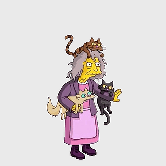 Eleanor Abernathy Simpsons Tapped Out, Marge Simpson Cat Lady costume, purple cartoon character, Simpsons House mythical creature, animated feline companion, quirky cat lover art, Springfield eccentric resident