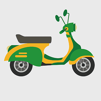 cartoon scooter, green and yellow motorcycle, vintage cartoony moped, motor vehicle illustration, scooter animation art, retro two-wheeler design, minimalistic scooter