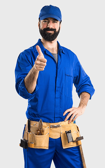 Plumber giving thumbs up, bathroom plumbing service, blue collar worker in action, professional maintenance worker, handyman with tool belt, construction industry worker, residential plumbing solutions