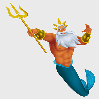 King Triton holding trident, Ariel's father, Disney merman character, Kingdom Hearts figure, underwater fantasy art, mythical sea king, royal mermaid tale