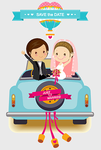cartoon wedding couple in car, cartoon wedding invitation design, just married car illustration, bride and groom cartoon characters, wedding day celebration art, romantic couple in vehicle, festive marriage announcement graphic