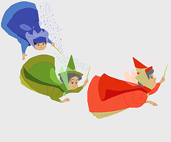Princess Aurora fairies illustration, Disney fairy tale characters, Flora Fauna and Merryweather fairies, Sleeping Beauty cartoon fairies, magical fairy godmother art, enchanted fairy illustration, whimsical fairy tale