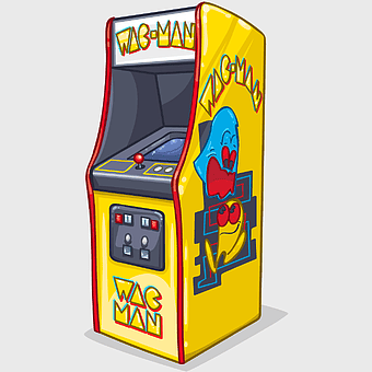 Pac-Man arcade machine, BurgerTime video game, 80s retro gaming, arcade cabinet design, classic arcade games, vintage arcade art, pixel art style