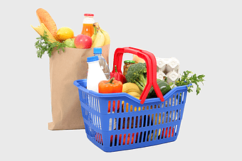 blue plastic grocery basket, fresh produce shopping, supermarket convenience items, healthy diet essentials, market basket essentials, grocery haul display, eco-friendly shopping options