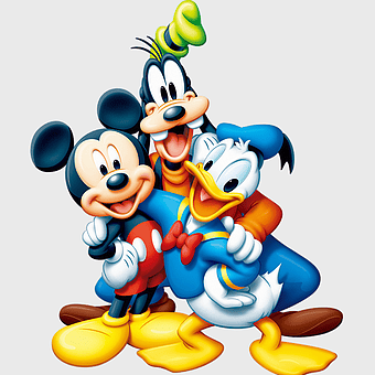 Mickey Mouse and friends, Disney cartoon characters, Pluto and Donald Duck, Goofy and Minnie Mouse, classic Disney mascots, animated character group, fun Disney illustration