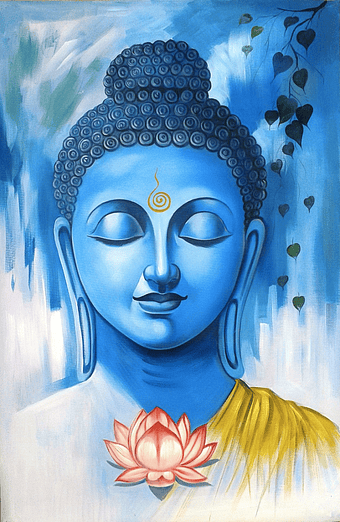 Gautama Buddha watercolor painting, Bodhi Tree Buddhist art, Buddha face portrait, religious acrylic artwork, spiritual enlightenment, divine lotus symbolism, serene meditation depiction