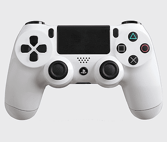 white PS4 DualShock controller, PlayStation 4 game controller, white gaming controller, Sony DualShock 4, ergonomic game controller design, high-quality gaming accessories, console gaming peripherals