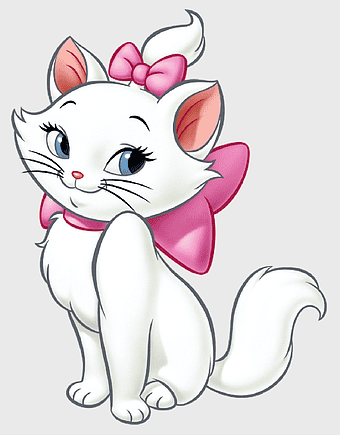 Disney Marie cat, white kitten illustration, Aristocats character, Disney cartoon cat, cute feline art, pink bow accessory, animated pet drawing