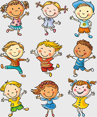child cartoon illustration, nine children characters, happy birthday kids, cartoonist art, playful children images, cheerful kids drawings, group of smiling children, festive children illustrations