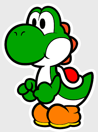 Super Mario Yoshi, Yoshi's Island character, Paper Mario sticker, green dinosaur cartoon, Nintendo gaming mascot, Mario series art, video game iconography