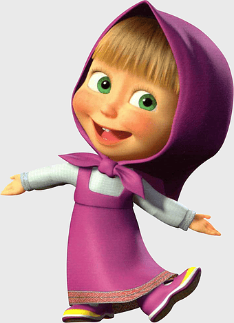 Masha illustration, purple dress, child character, Masha and the Bear, animated toddler, cartoon party, festive birthday celebration
