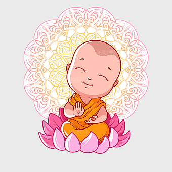 Buddhist monk cartoon, Buddha's Birthday illustration, children's cartoon character, mandala background, spiritual art for kids, lotus flower meditation, cultural celebration art