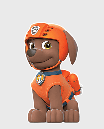 Paw Patrol Zuma, Labrador Retriever puppy, orange helmet, child birthday party, animated dog character, rescue puppy toy, cartoon animal illustration