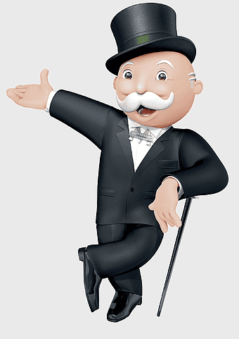 Rich Uncle Pennybags illustration, Monopoly board game character, Chance and Community Chest cards, gentleman in top hat, classic board game figure, monopoly video game art, cartoon tycoon character