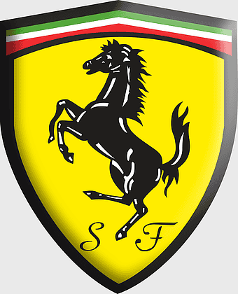 Ferrari 365 GT4 2+2 logo, Scuderia Ferrari emblem, yellow Ferrari badge, Ferrari 400 and 412 crest, Italian sports car symbol, prancing horse icon, luxury automotive branding