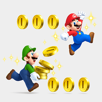 Mario and Luigi illustrations, New Super Mario Bros. 2, mario bros characters, gold coins collection, mario and luigi action poses, mario series art, video game characters, gaming artwork, mario and luigi adventure, nintendo 3ds art