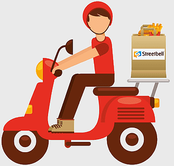 KFC food delivery, online fast food ordering, delivery scooter, meal delivery service, restaurant courier service, food courier on motorcycle, fast food restaurant worker