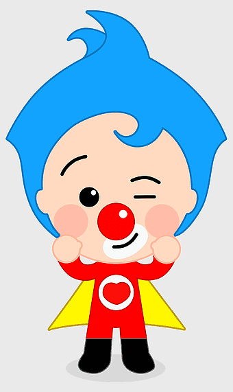 blue-haired clown character, circus-themed birthday party, animated clown art, plim plim circus clown, festive cartoon character, children's party decoration, fun birthday celebration