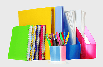 assorted-color notebooks, office stationery supplies, plastic file folders, pen storage container, colorful office organization, desk accessories, business document management