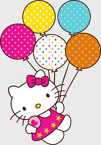 Hello Kitty balloons, Happy Birthday illustration, party balloons, Hello Kitty birthday, festive cartoon, colorful celebration, whimsical character